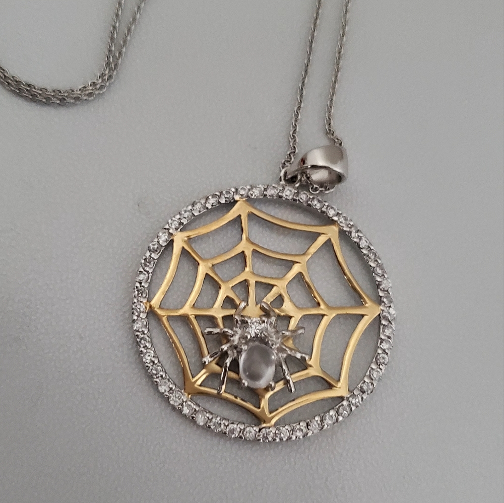 NEW 925 Sterling Silver Spider on a Web CZ Stones Gold and Rhodium Plated